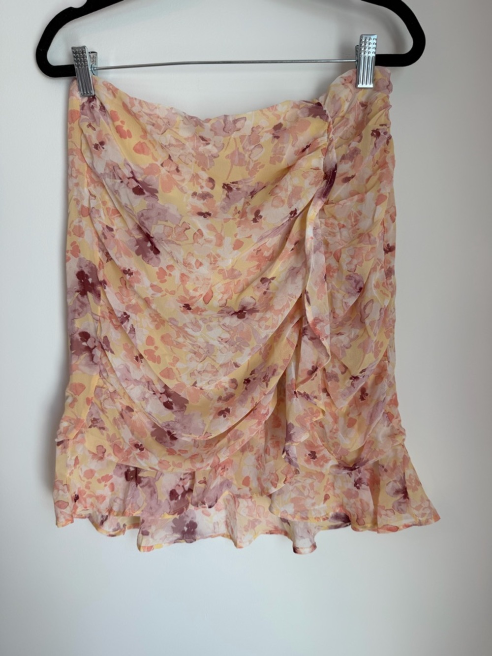 Floral Yellow-Pink Ruffle Midi Skirt